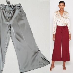 Rare Joie Gray Satin Tie-Waist Paperbag Waist Cropped Side Slit Wide Leg Pants